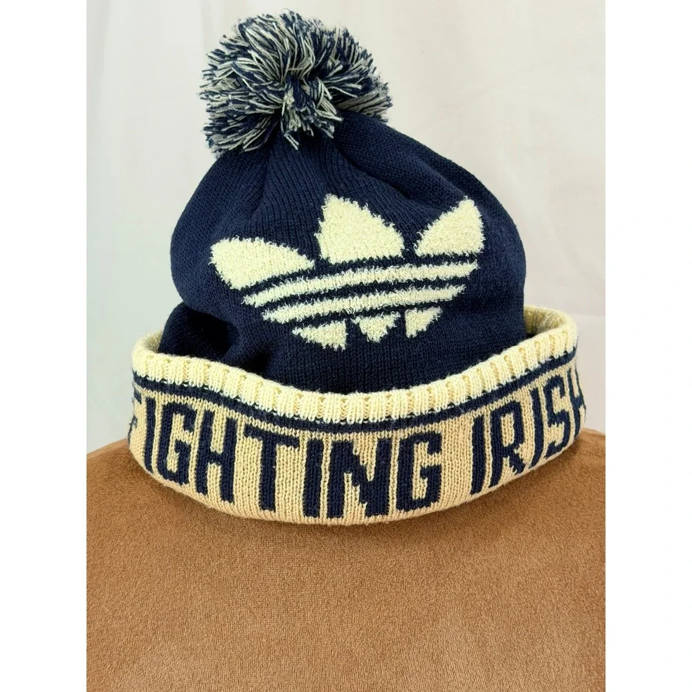 Adidas Originals Notre Dame Fighting Irish Beanie Hat Navy Blue Pom Knit Cap